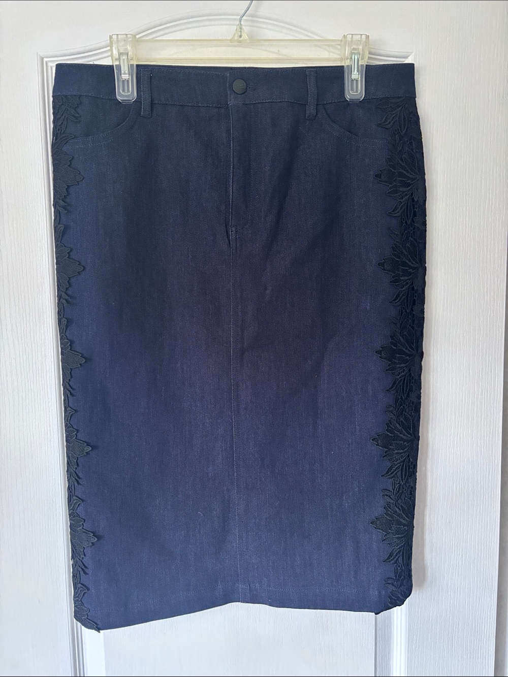 Dark Blue Pencil Skirt with Black Lace Side Trim